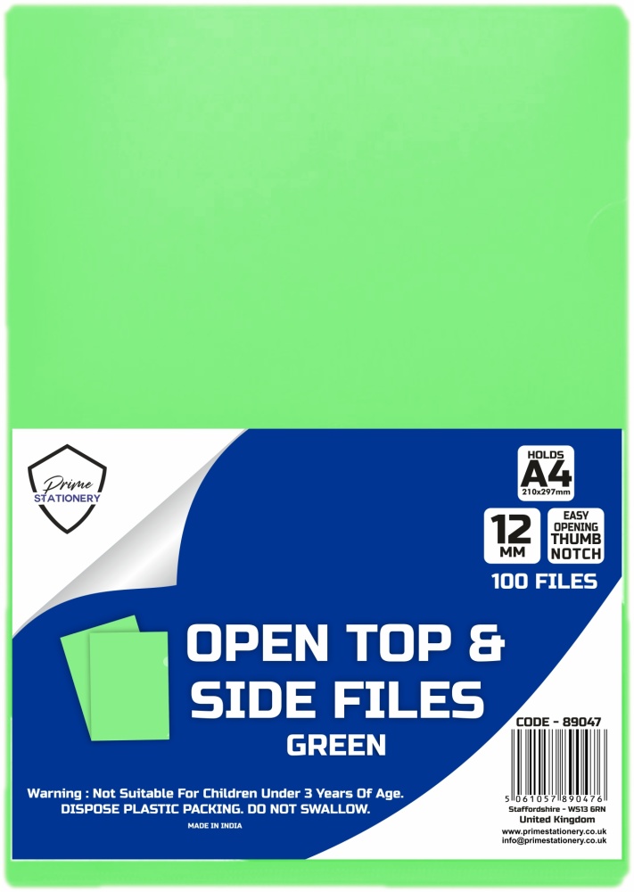 Prime A4 Open Top and Side Files Green Pack of 100